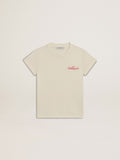 Girls' cotton T-shirt in worn white with red embroidery on the chest| Golden Goose
