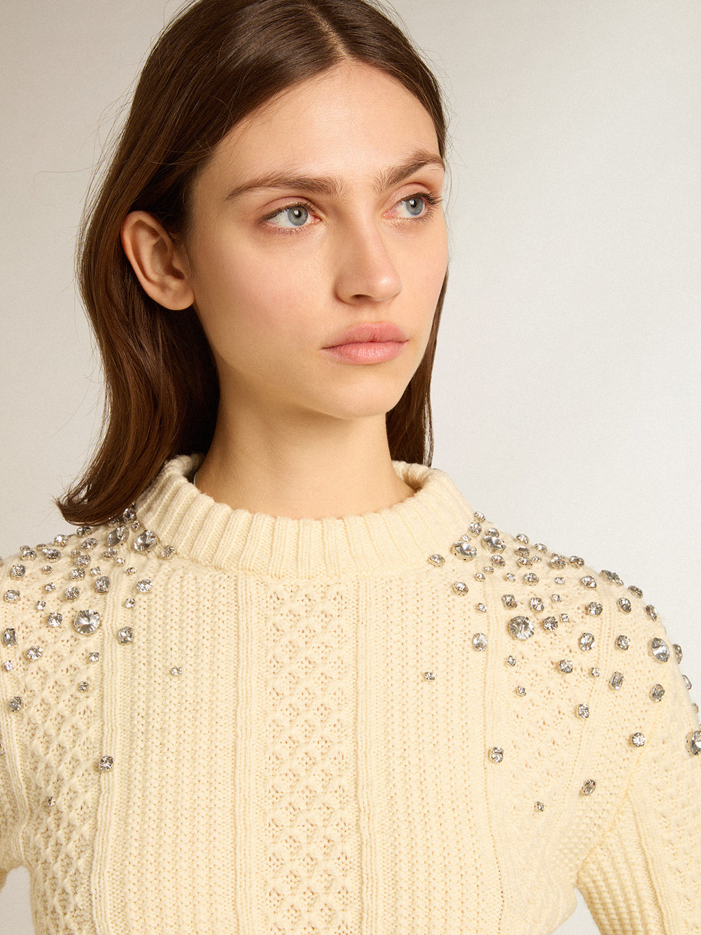 Cropped sweater in white wool with crystals| Golden Goose