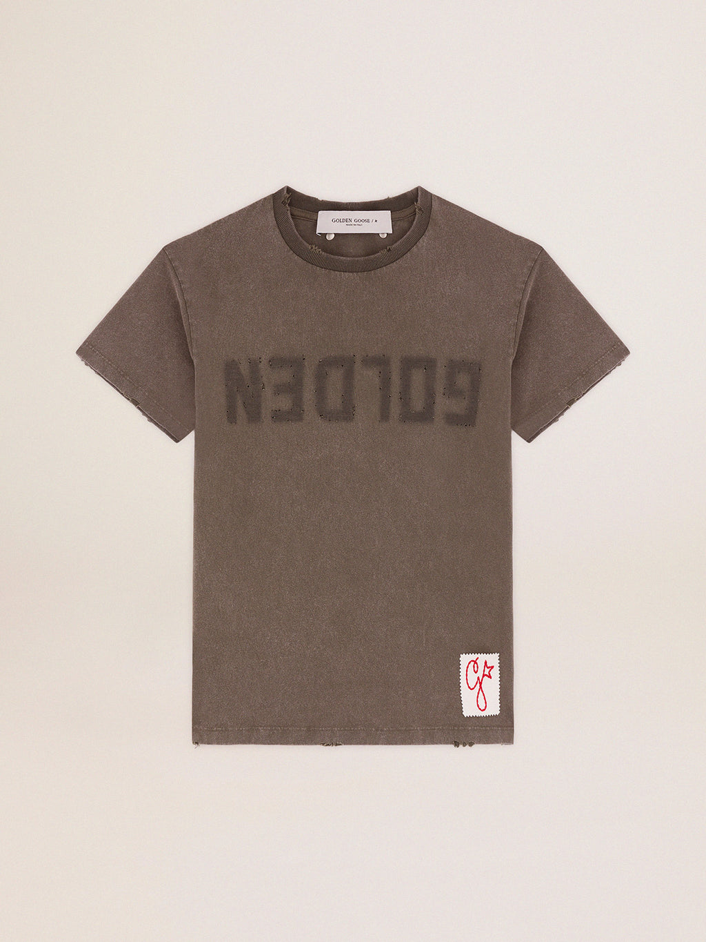 Olive-green regular-fit T-shirt with Golden lettering on the front| Golden Goose