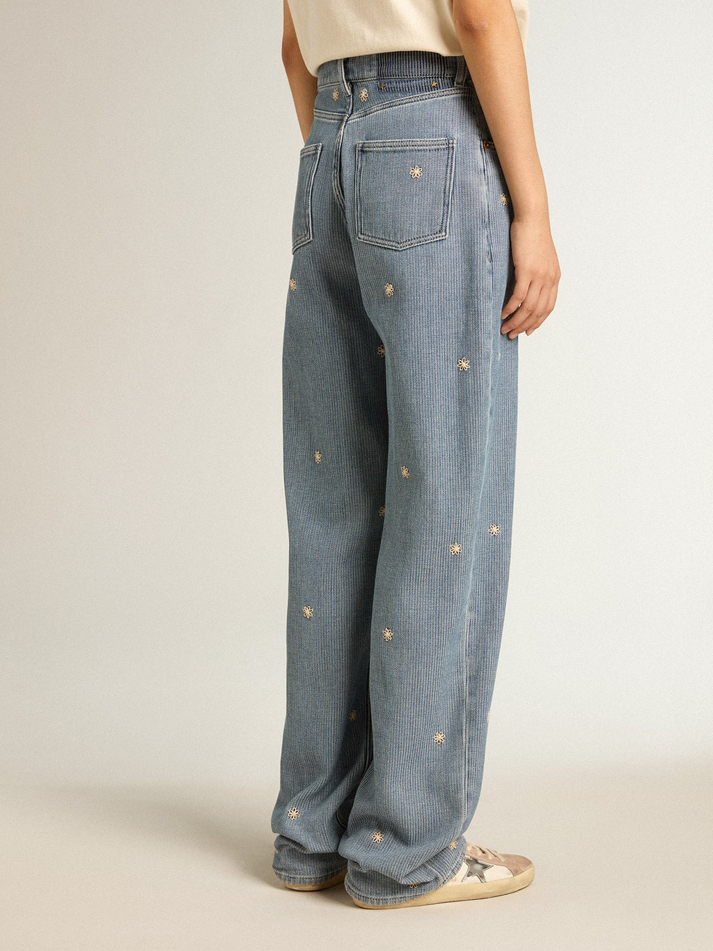Women's cotton denim pants with floral embroidery| Golden Goose
