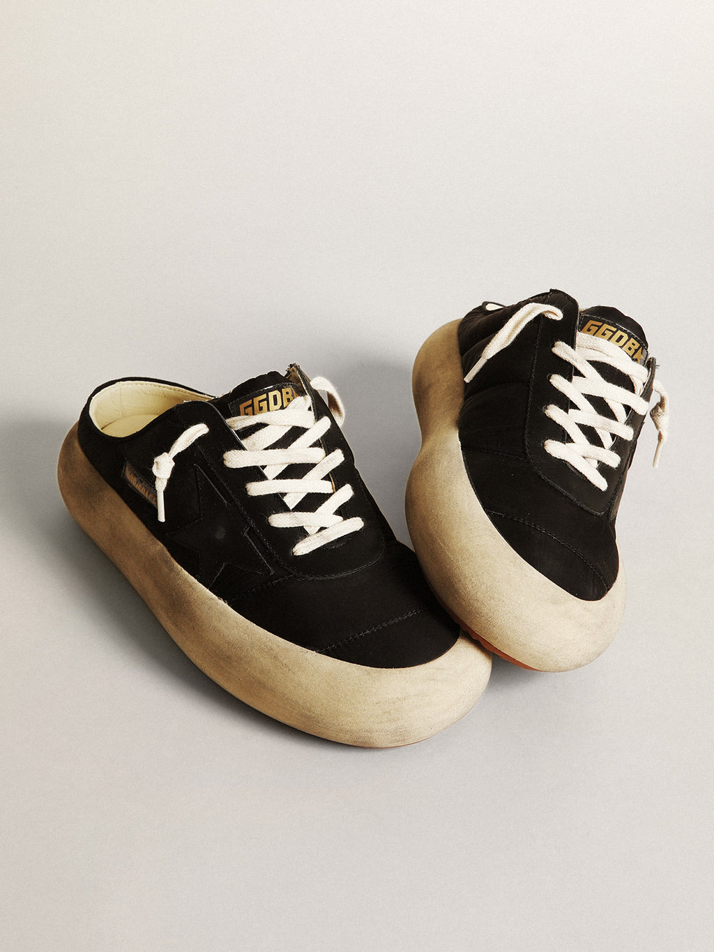 Women's Space-Star Sabots in black nylon with black leather star| Golden Goose