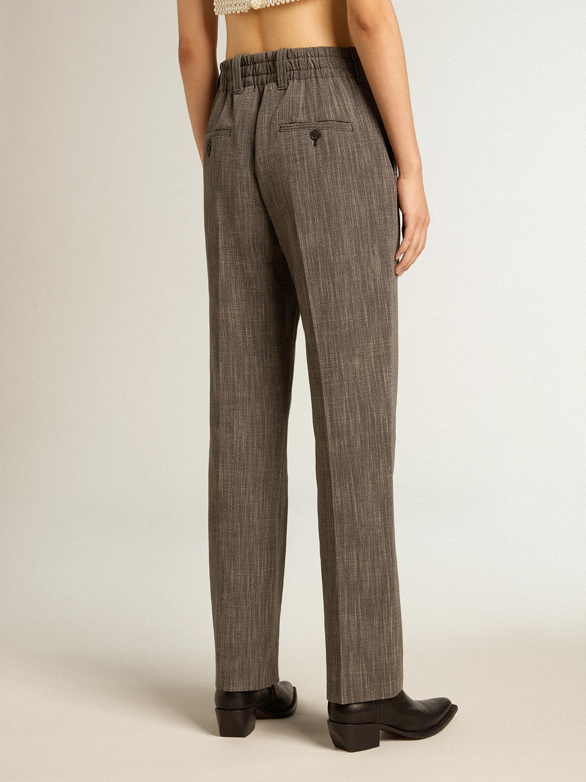 Women's high-waisted pants in gray melange wool blend| Golden Goose