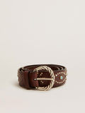Women's belt in dark brown leather with colored studs| Golden Goose