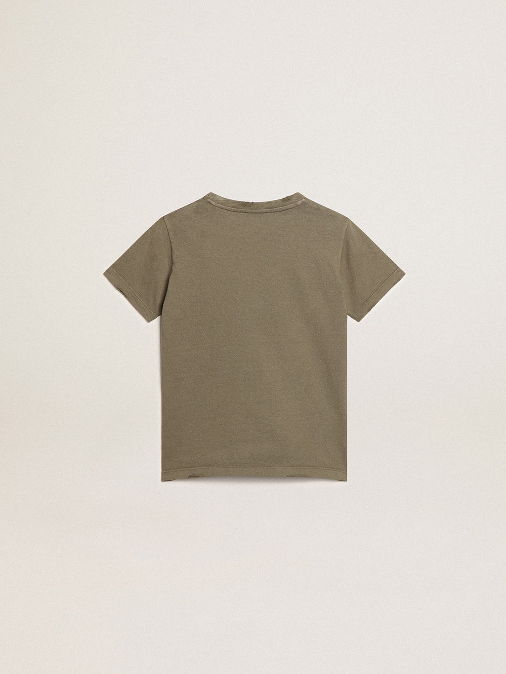Boys' olive-green T-shirt with printed white logo in the center| Golden Goose