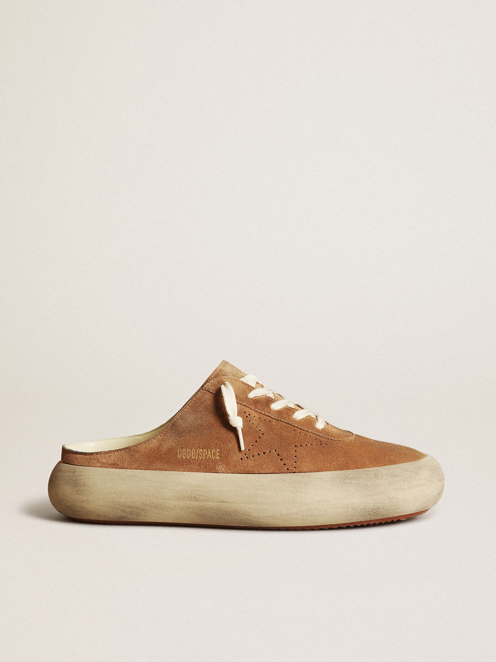 Men's Space-Star Sabots in tobacco suede with perforated star| Golden Goose