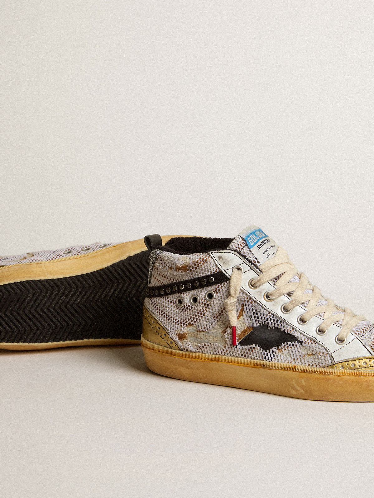 Mid Star LAB in pony skin and mesh with black star and studded flash| Golden Goose
