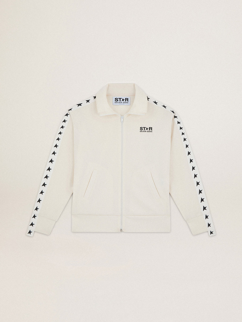 Women's white zipped sweatshirt with white strip and black stars| Golden Goose