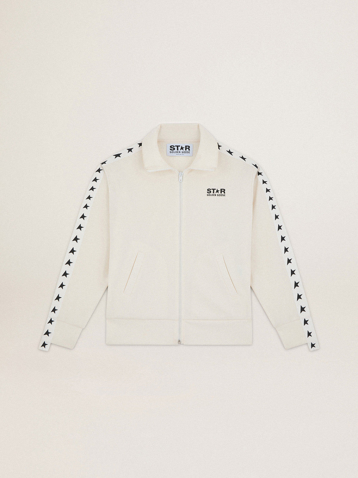 Women's white zipped sweatshirt with white strip and black stars| Golden Goose