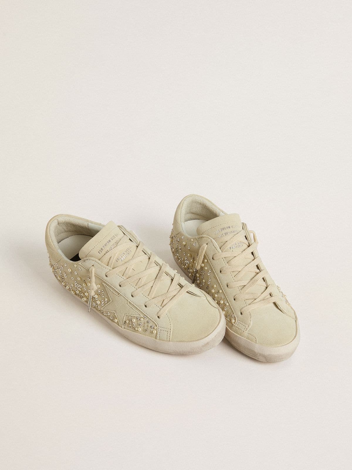Women's Super-Star in beige suede with pearls and Swarovski crystals| Golden Goose