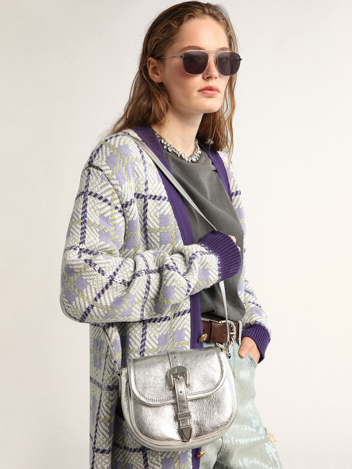 Women's small Rodeo Bag in silver laminated leather| Golden Goose