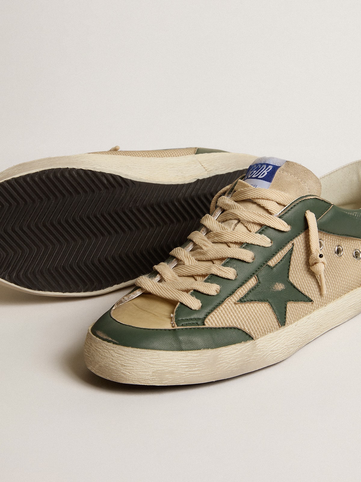 Men's Super-Star LTD in cream mesh and green nappa with nappa star| Golden Goose