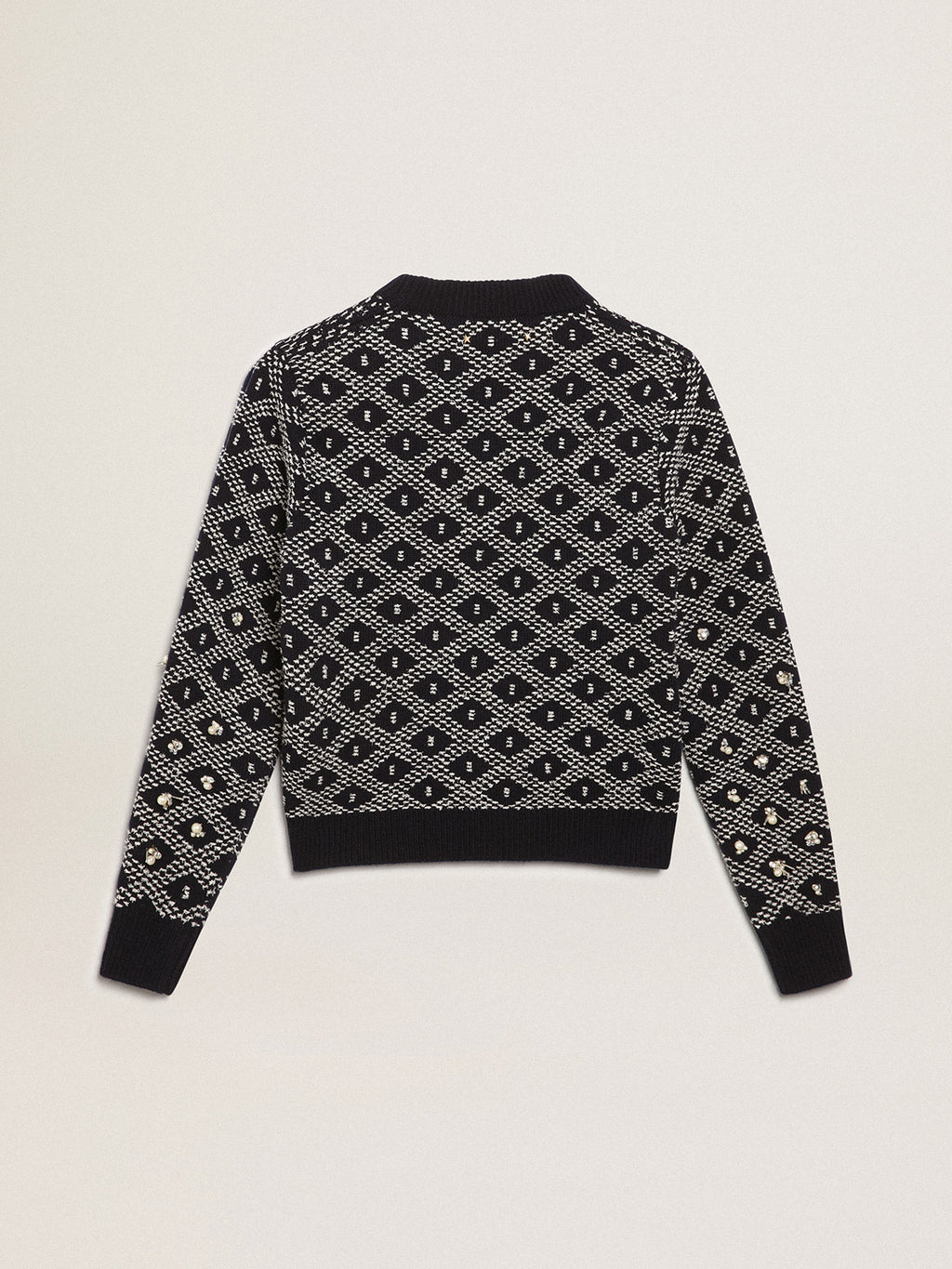 Women's round-neck sweater with white and blue geometric motifs| Golden Goose
