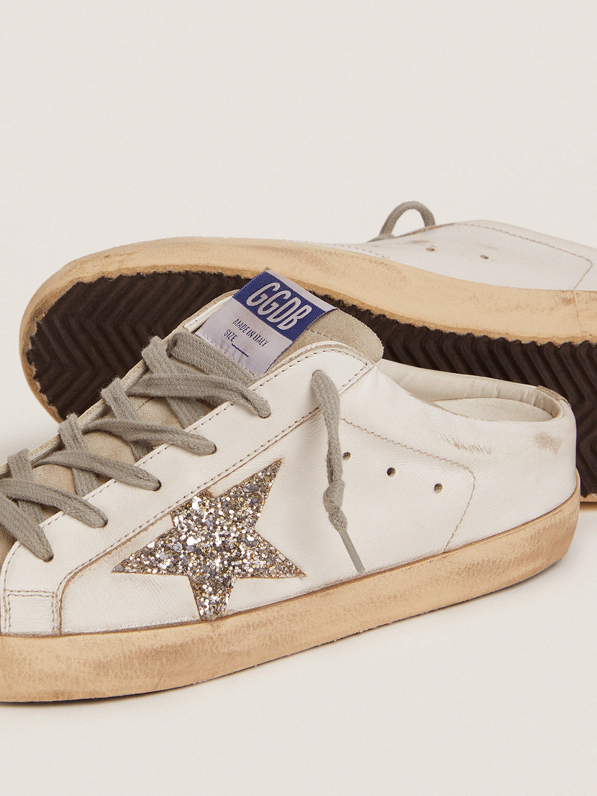 Super-Star Sabots in white leather and gray suede with silver glitter star| Golden Goose