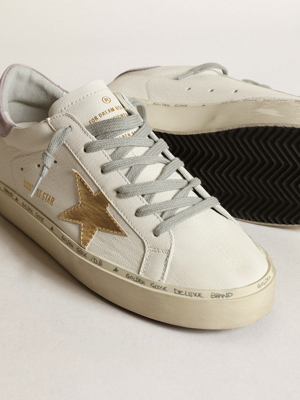 White Hi Star with a gold star and lilac naplak heel tab| Golden Goose