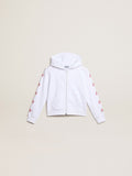 Girls' zip-up sweatshirt in white with glitter stars on the sleeves| Golden Goose