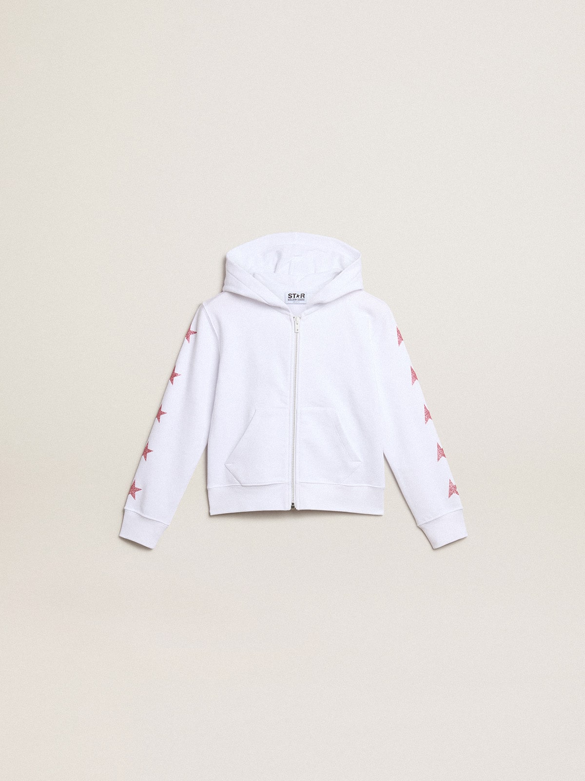 Girls' zip-up sweatshirt in white with glitter stars on the sleeves| Golden Goose