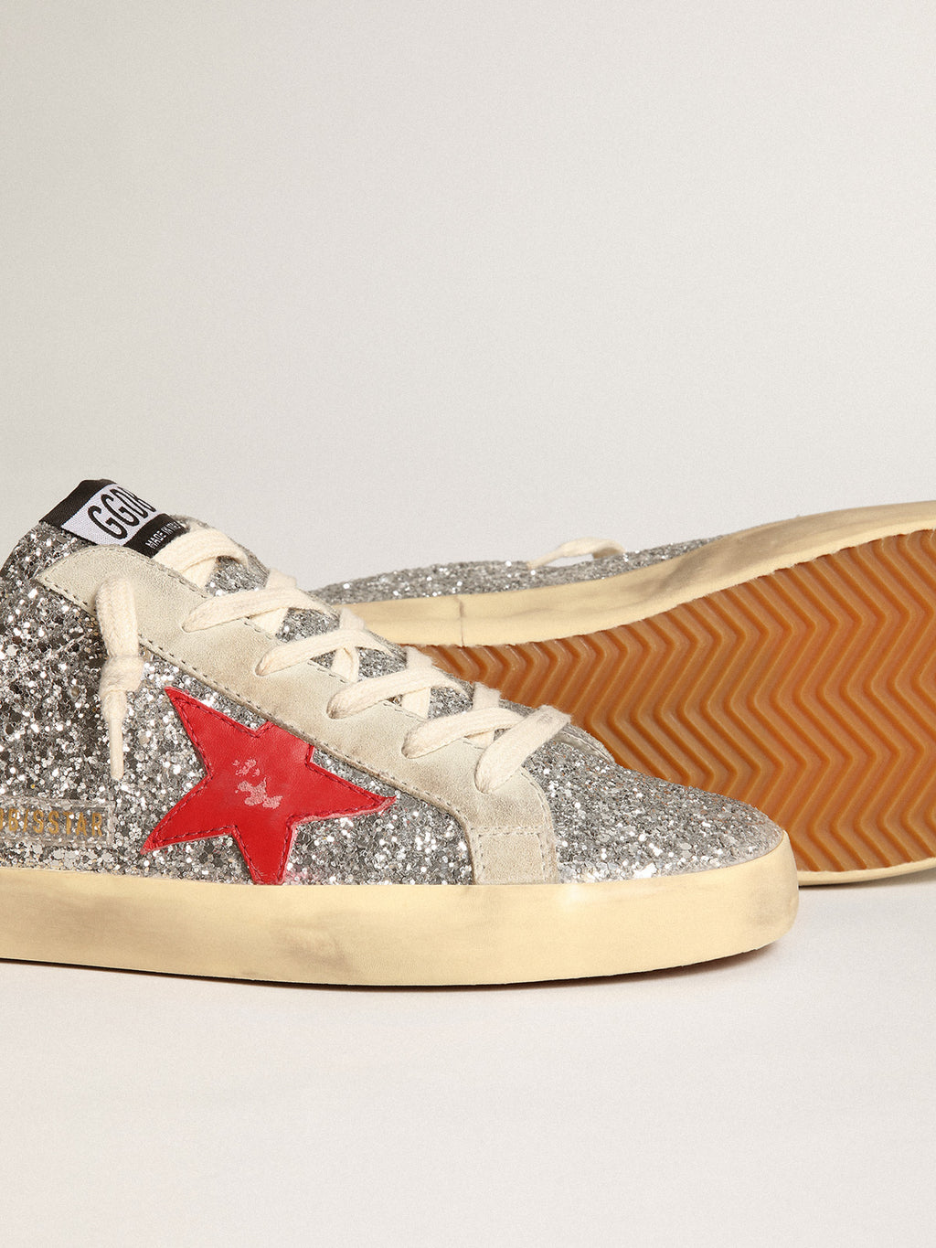 Women's Super-Star Sabot in silver glitter with red leather star| Golden Goose