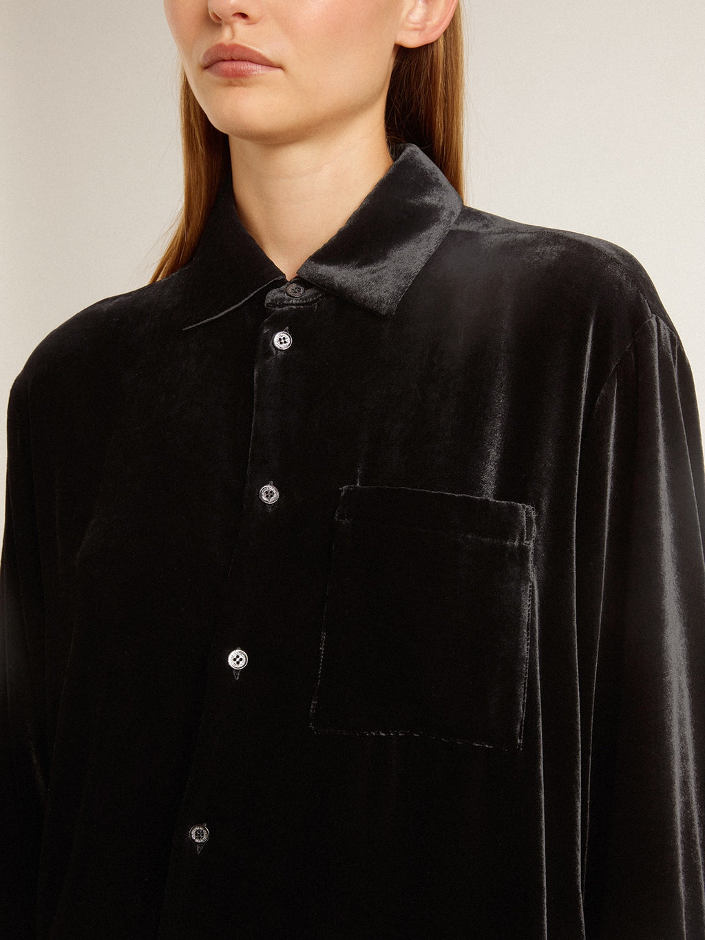 Velvet-effect black shirt with embroidery| Golden Goose