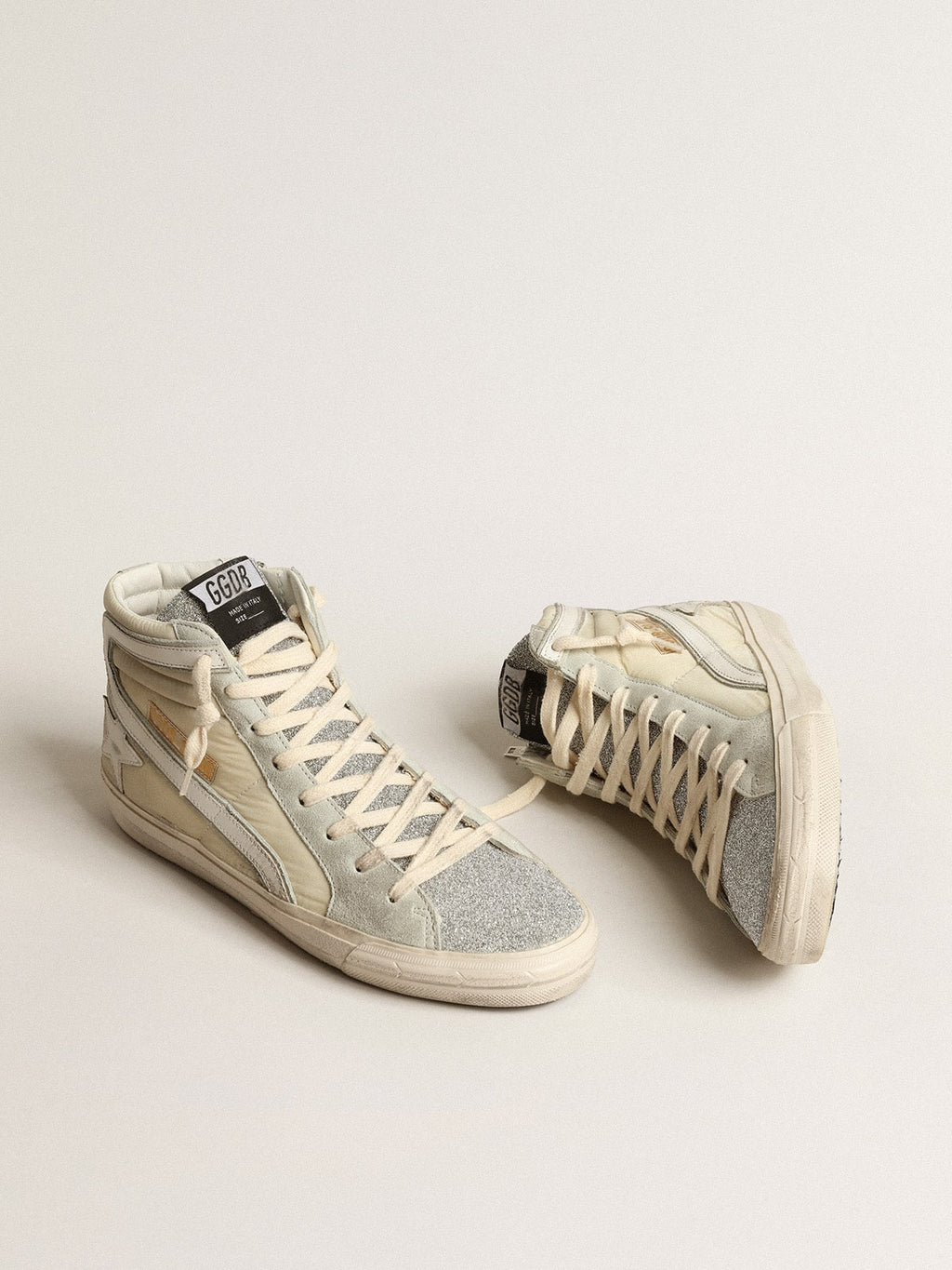 Slide in ivory nylon with white leather star and silver Swarovski crystal tongue| Golden Goose