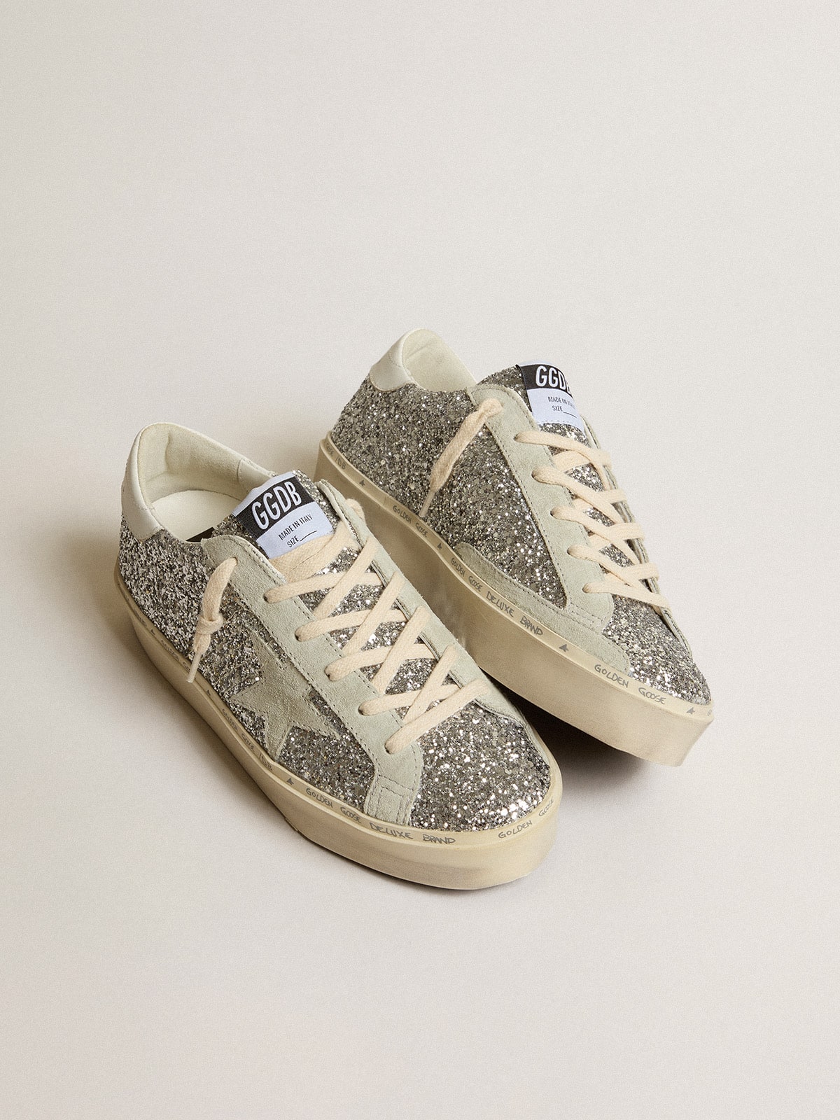 Women's Hi Star in silver glitter with suede star and white heel tab| Golden Goose