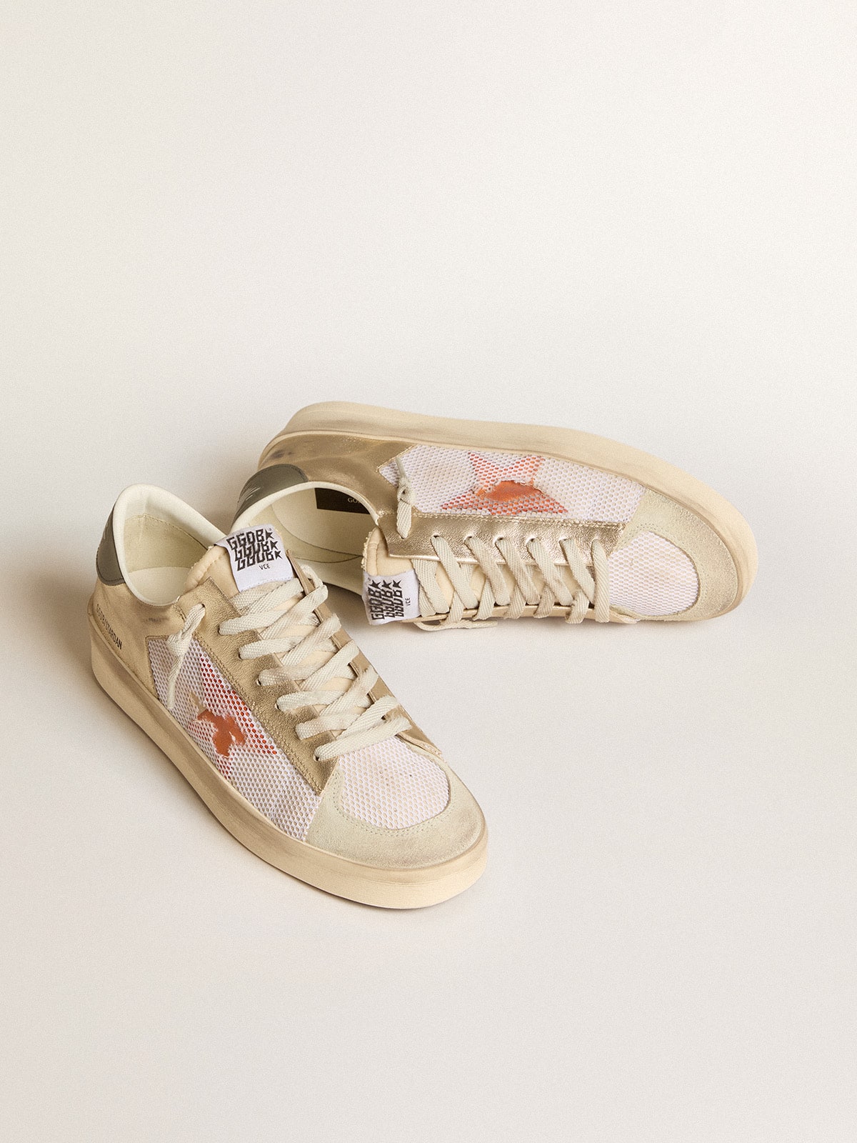 Stardan in white mesh with orange star and platinum leather inserts| Golden Goose