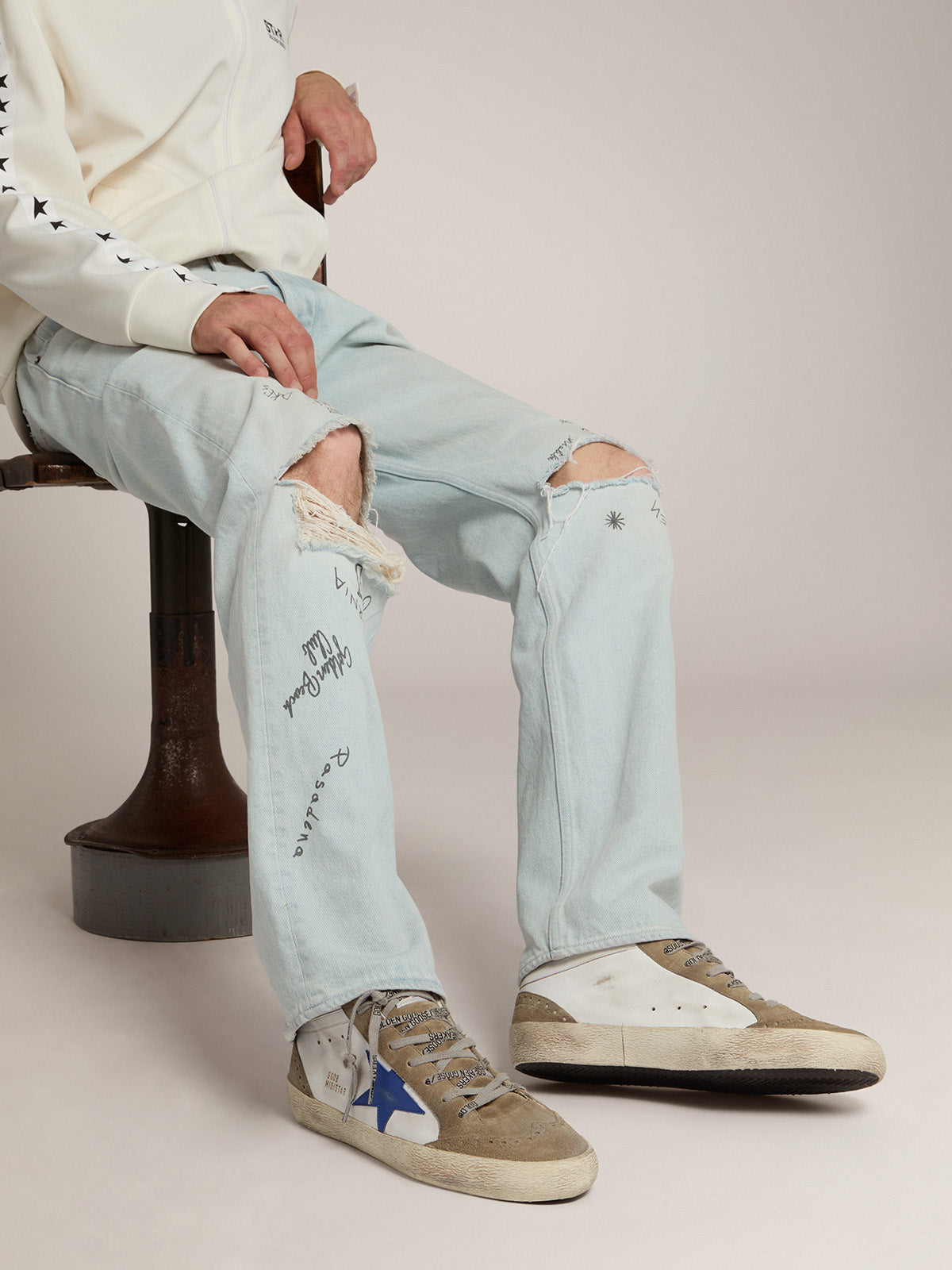 Men's Mid Star in white leather with blue star and dove gray inserts| Golden Goose