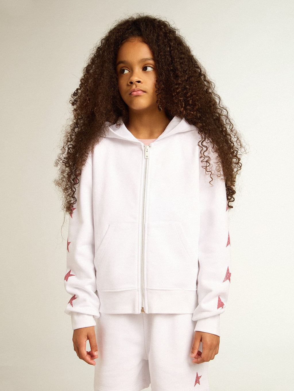 Girls' zip-up sweatshirt in white with glitter stars on the sleeves| Golden Goose