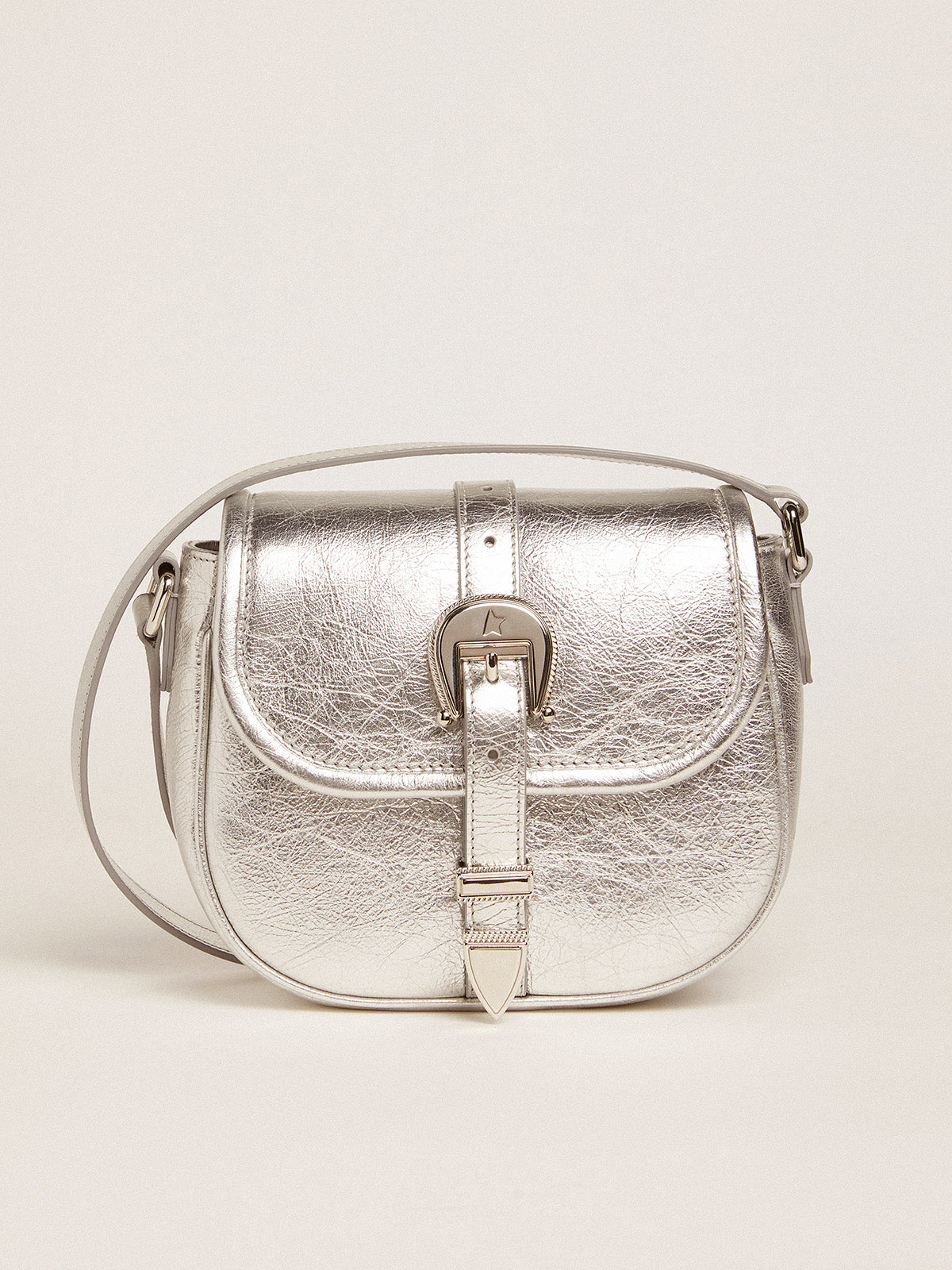 Women's small Rodeo Bag in silver laminated leather| Golden Goose