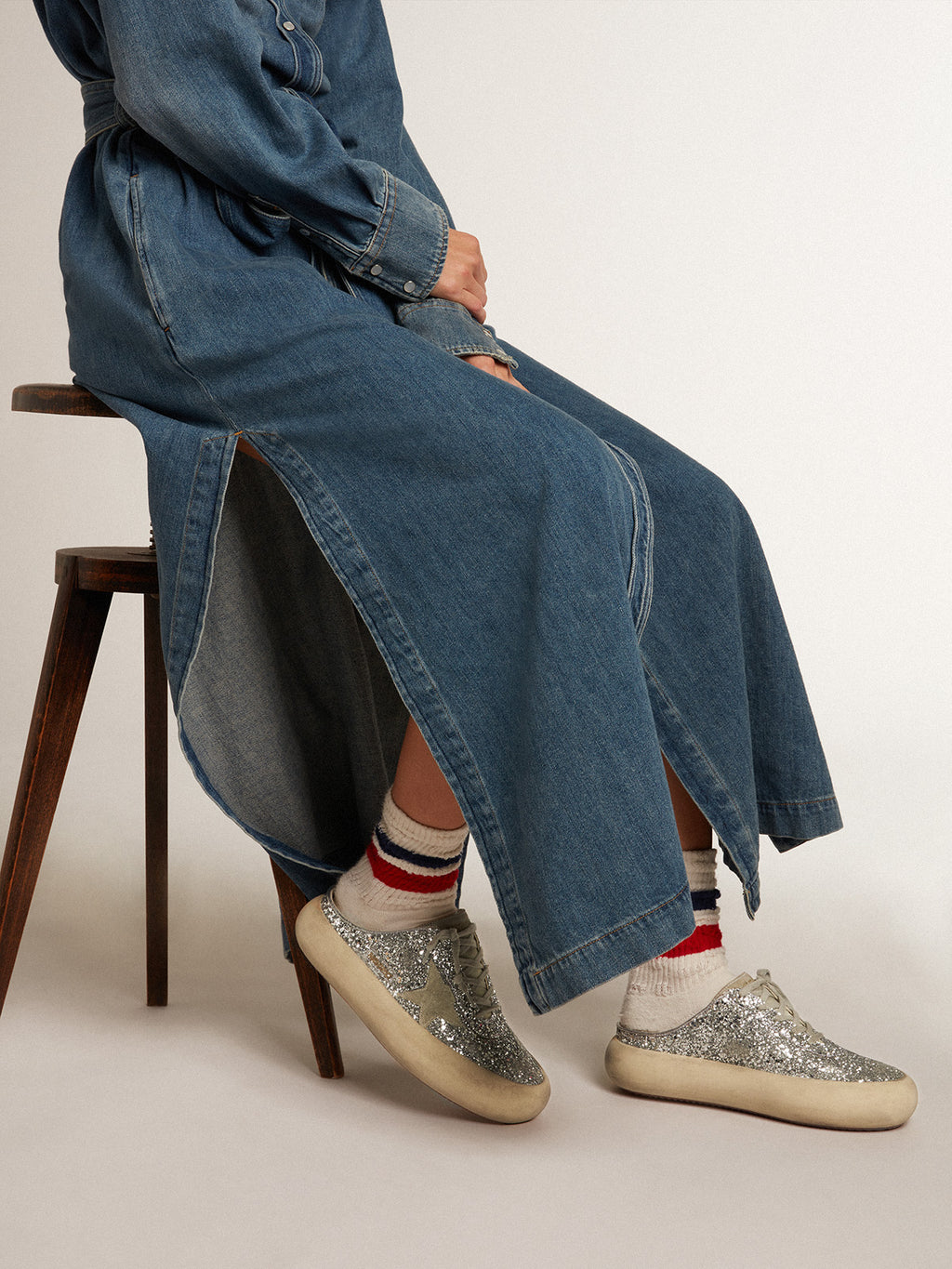 Women's Space-Star Sabot in glitter with ice-gray star and tab| Golden Goose