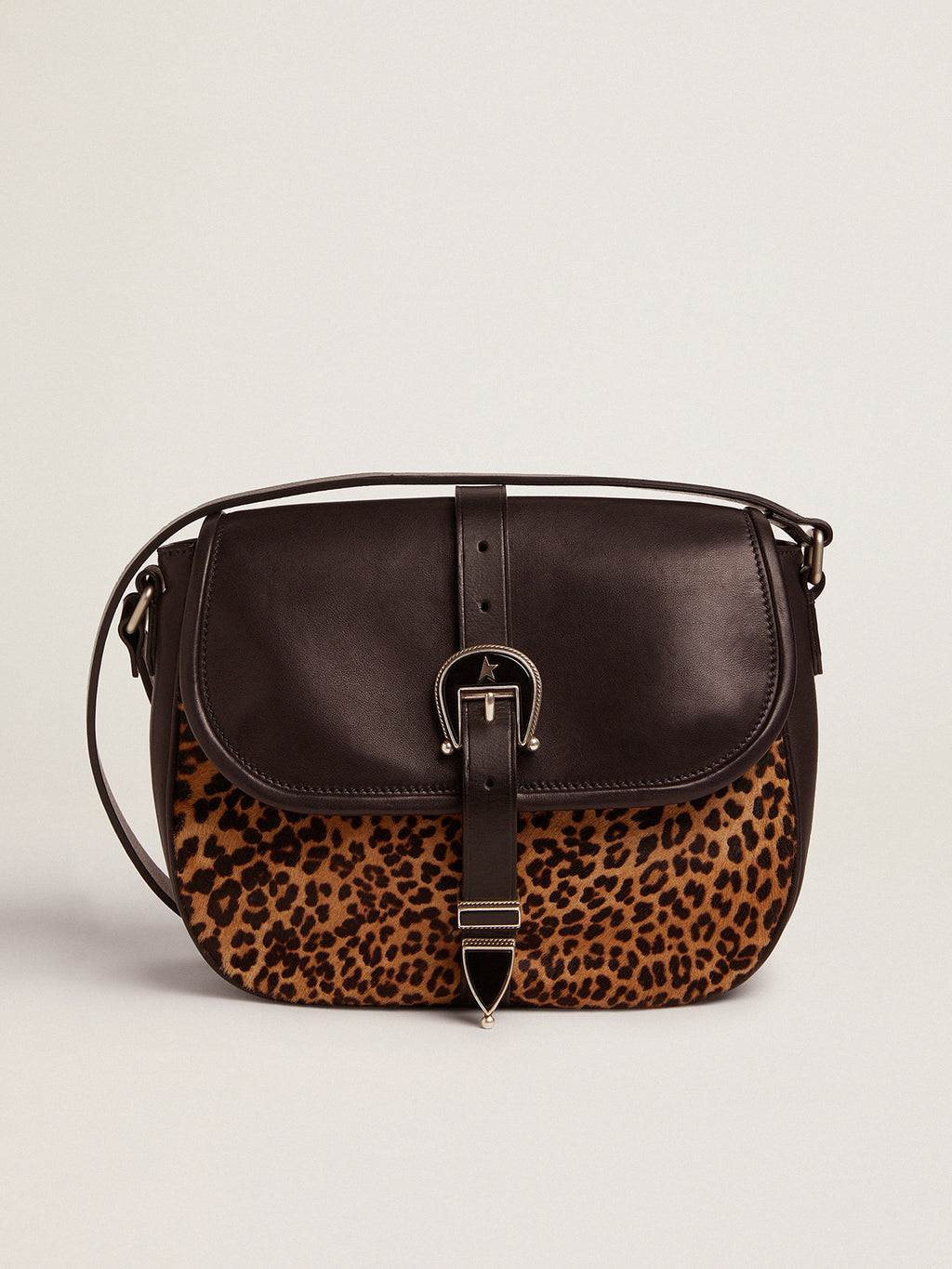 Medium Rodeo Bag in black leather and leopard-print pony skin| Golden Goose
