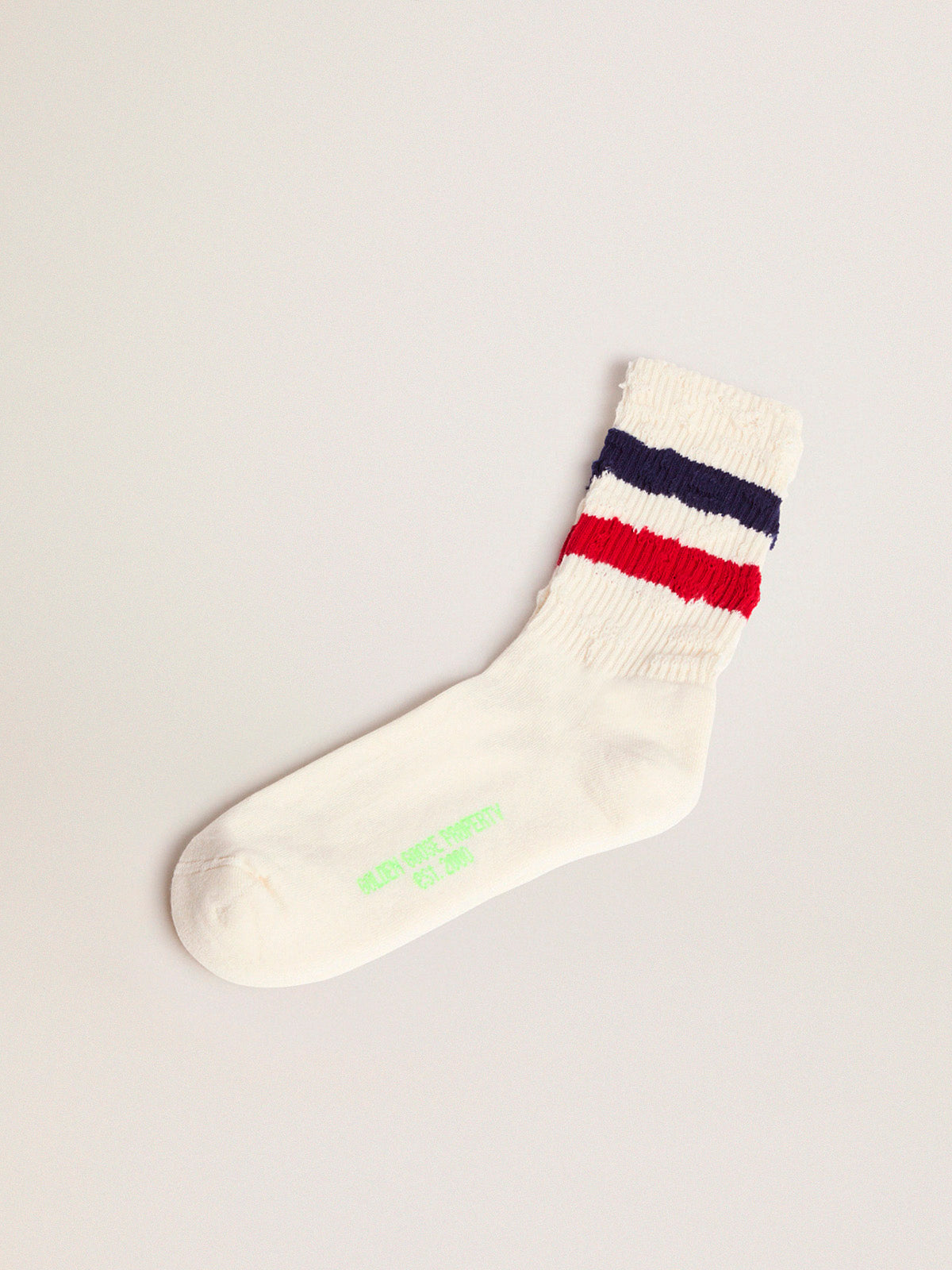 Vintage white socks with distressed details and two-tone stripes| Golden Goose