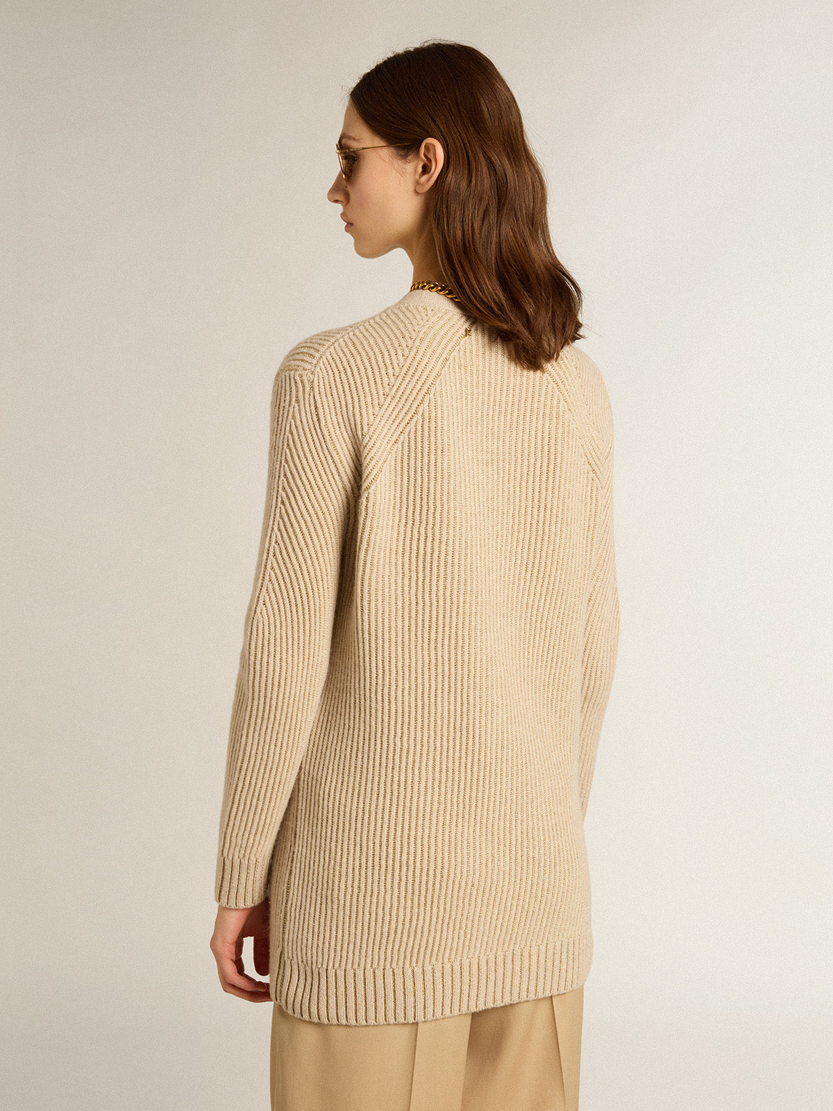Wool blend cardigan with fisherman's rib knit| Golden Goose