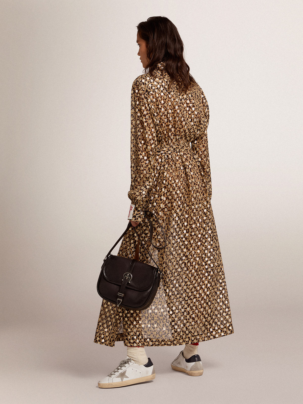 Women's shirt dress with animal print and gold fil coupé| Golden Goose