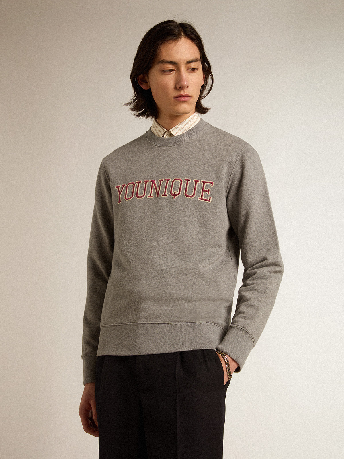 Gray melange cotton sweatshirt with embroidered lettering| Golden Goose