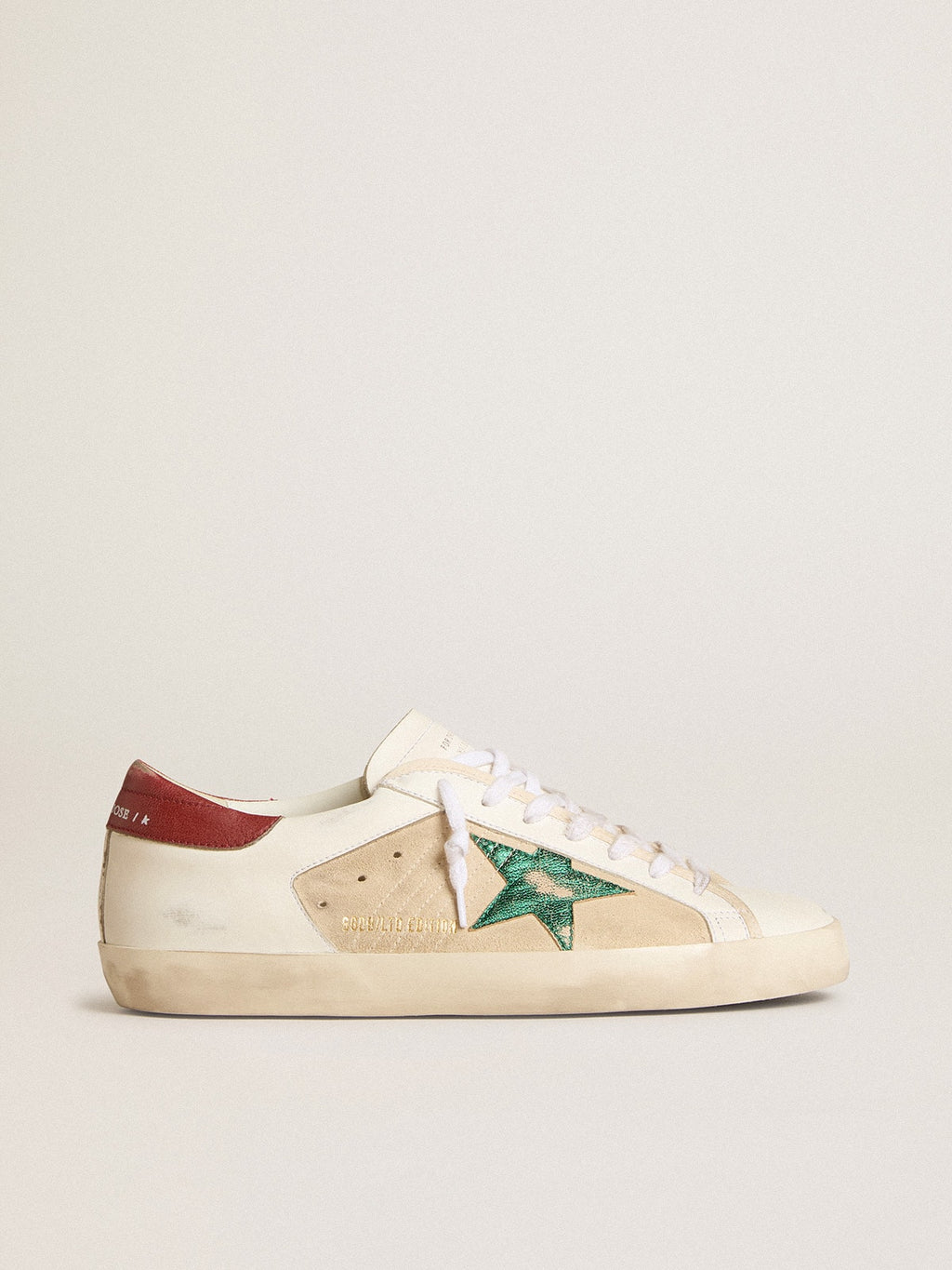 Men's Super-Star LTD in suede with green metallic star and red heel tab| Golden Goose