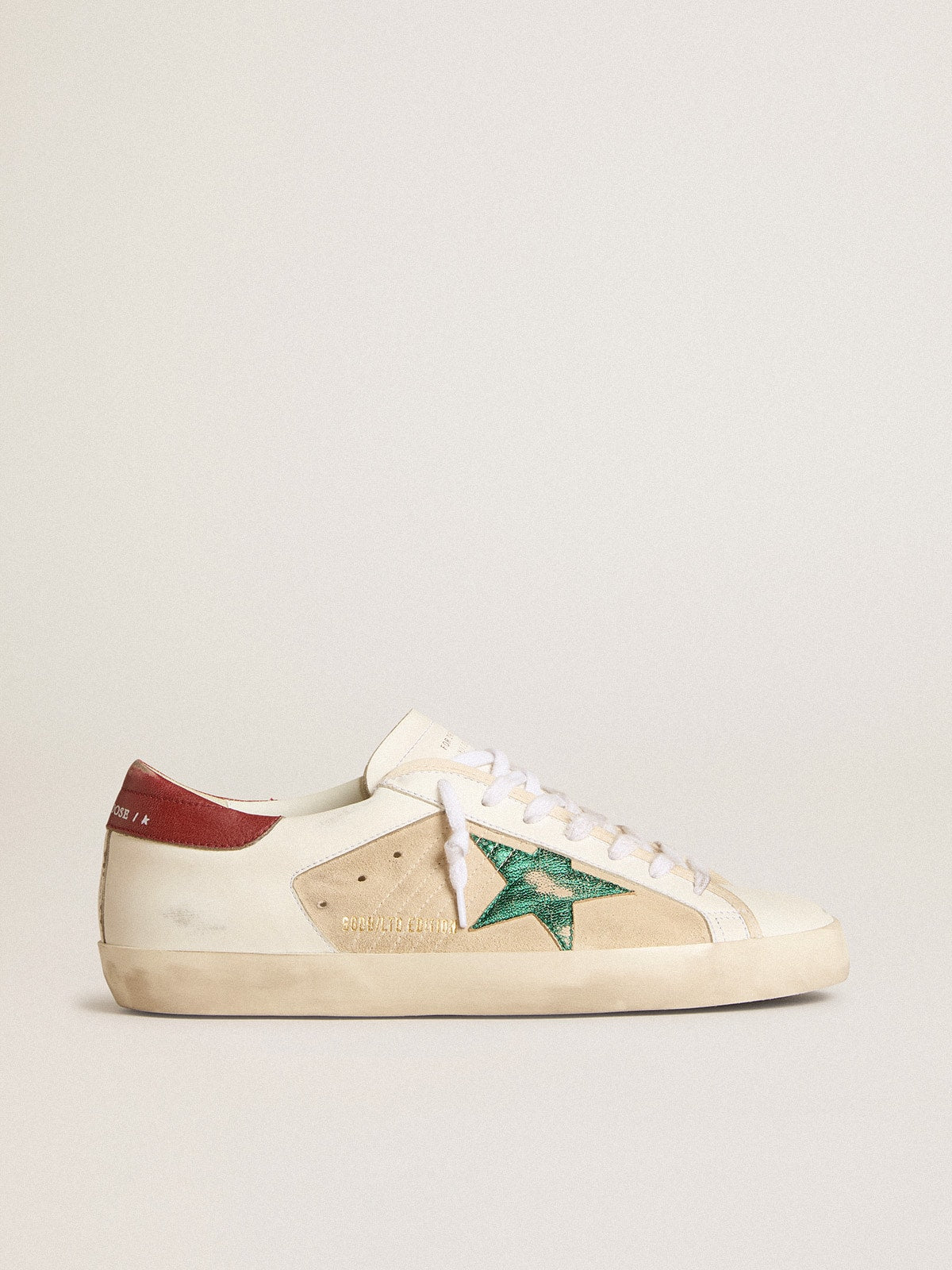 Men's Super-Star LTD in suede with green metallic star and red heel tab| Golden Goose