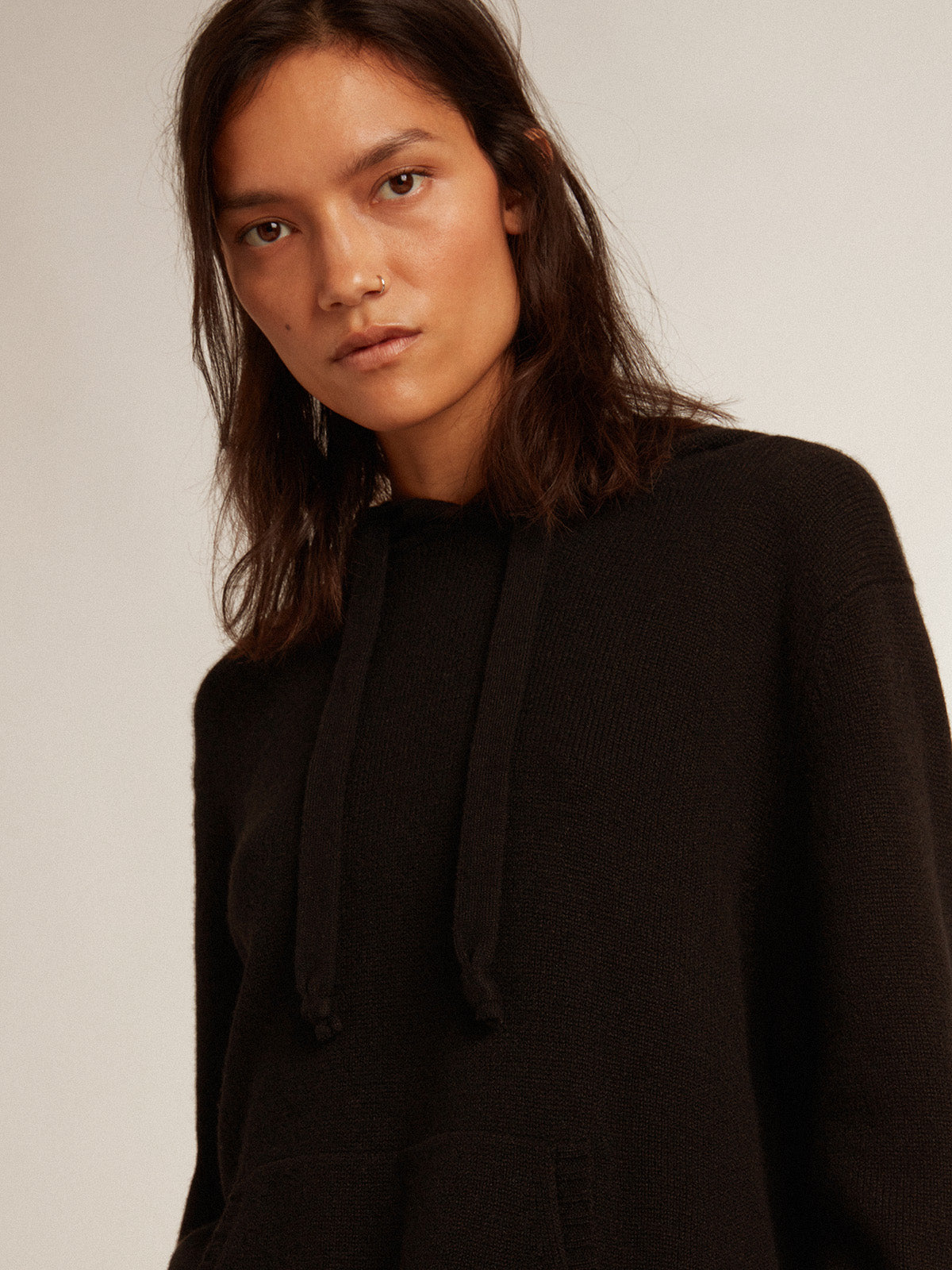 Women's black cashmere blend sweatshirt with hood| Golden Goose