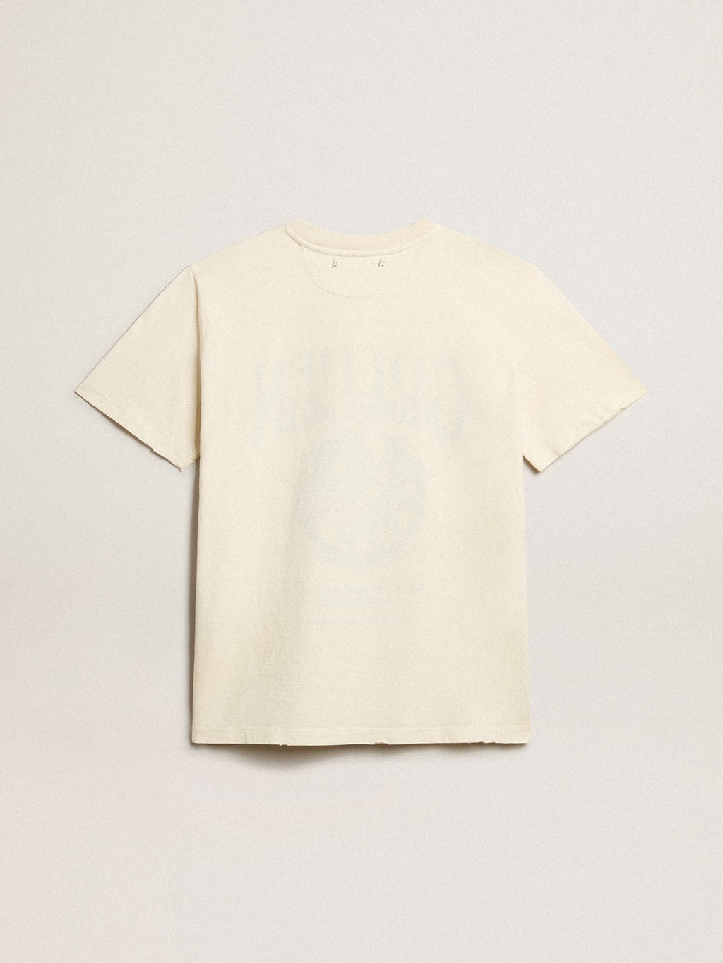 Women's T-shirt in aged white cotton with seasonal print| Golden Goose