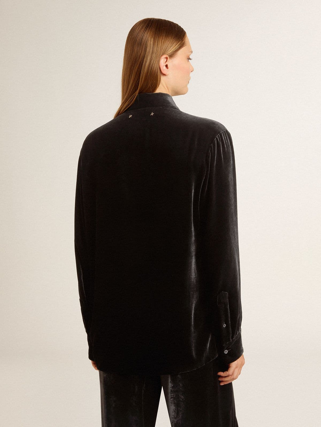 Velvet-effect black shirt with embroidery| Golden Goose