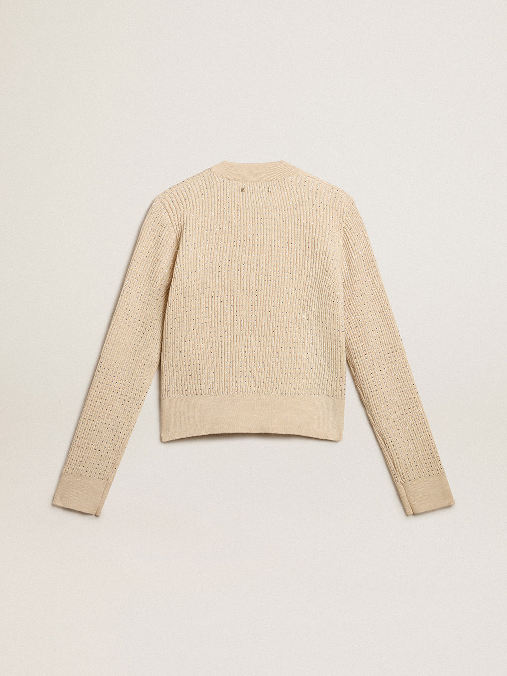 Cropped round-neck sweater in beige wool with all-over crystals| Golden Goose