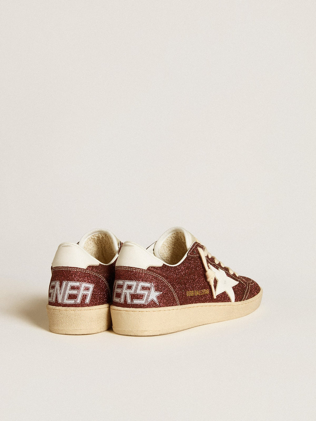 Ball Star in burgundy glitter with white leather star and heel tab| Golden Goose