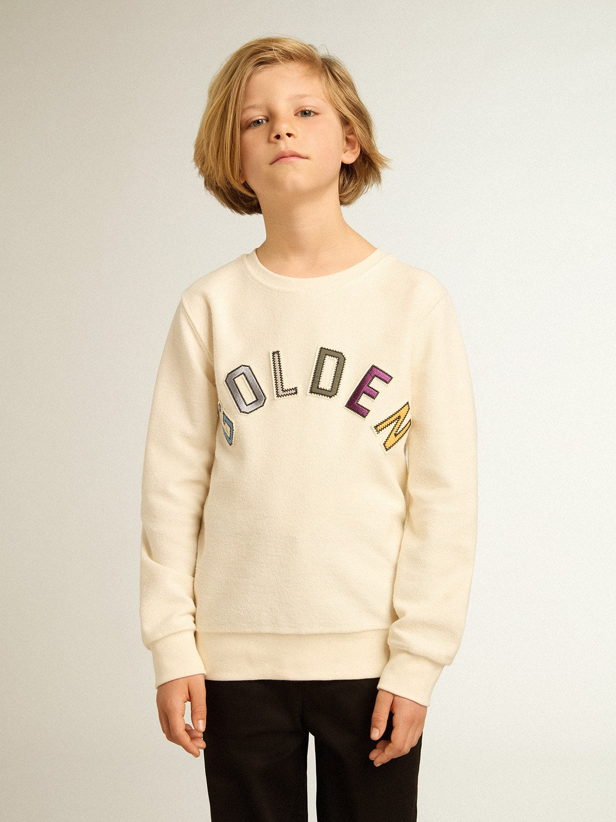 Sweatshirt in aged white with multicolor Golden lettering on the front| Golden Goose