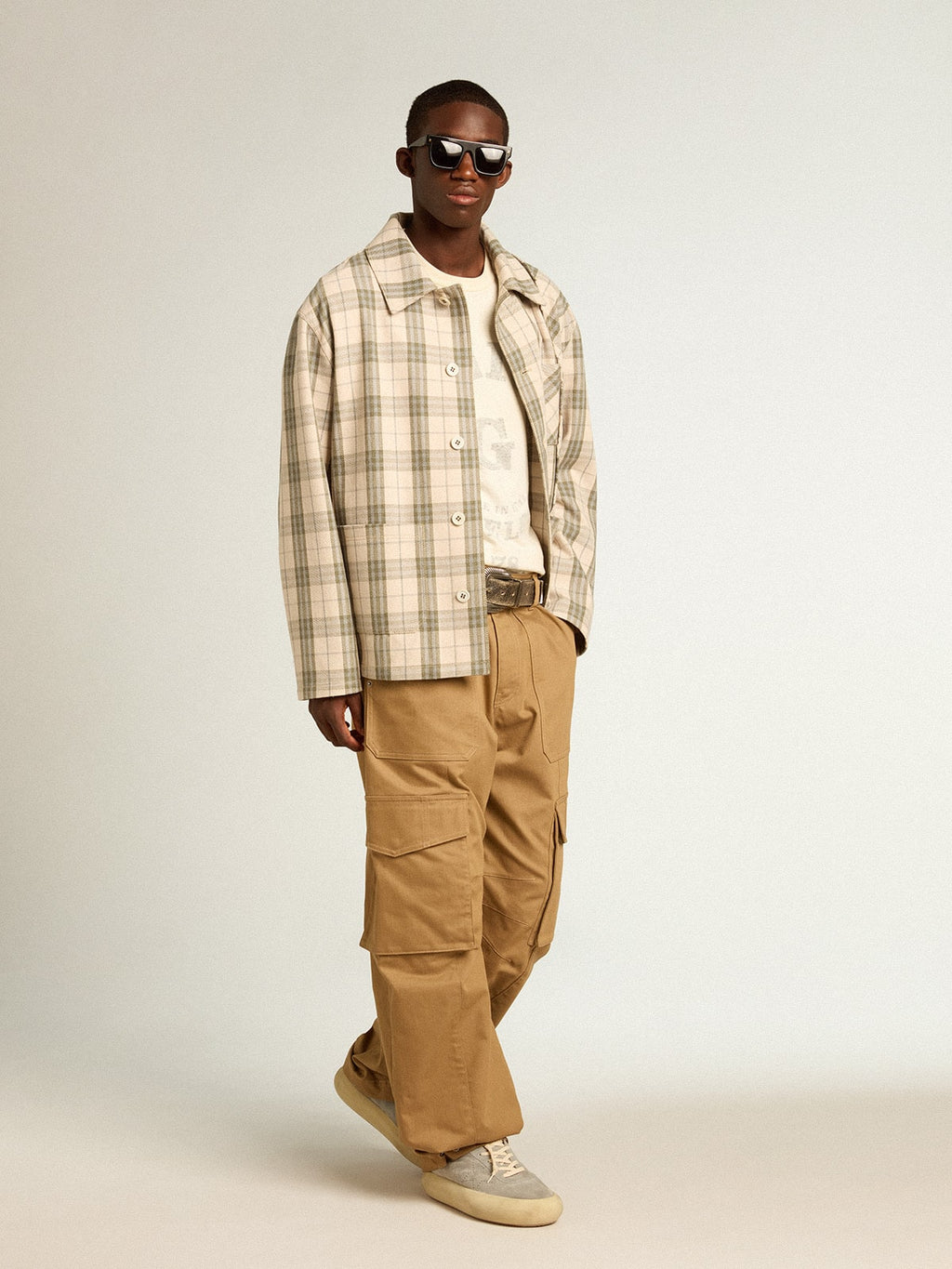 Men's slim-fit shirt made of ecru and green cotton flannel