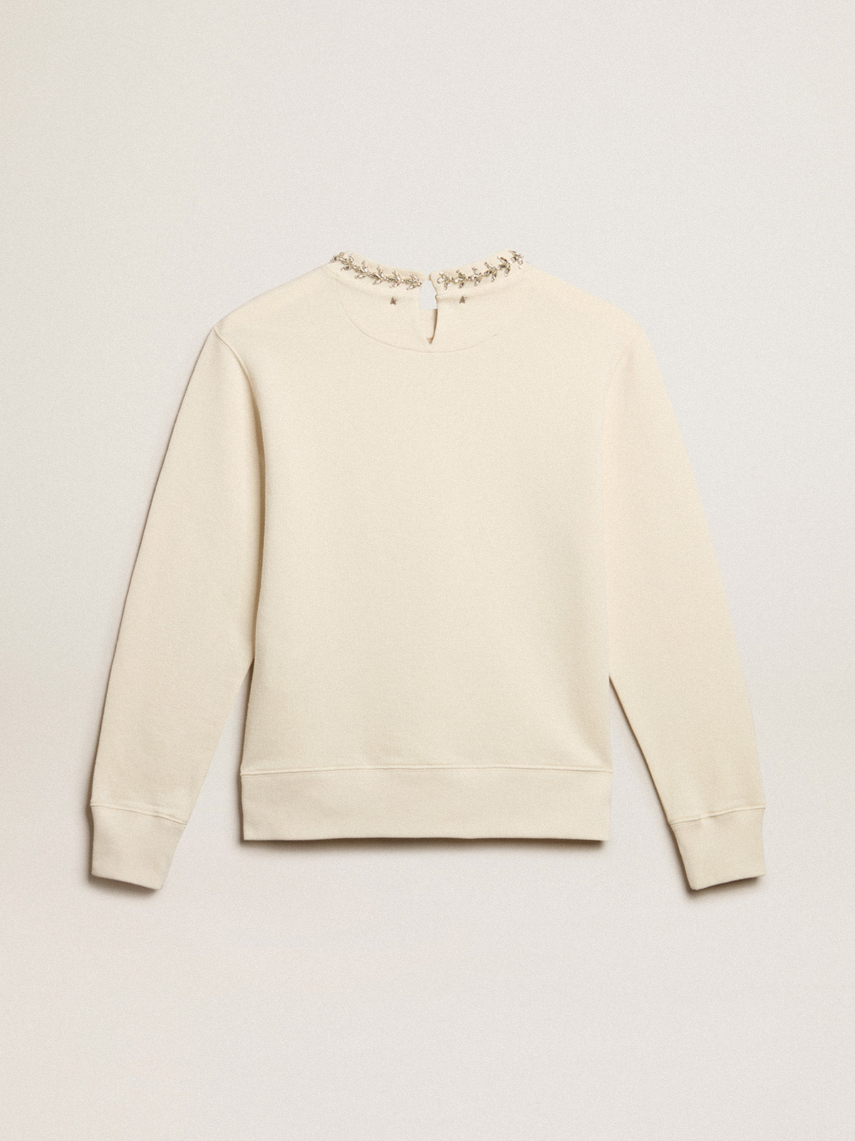 Round-neck cotton sweatshirt in aged white with hand-applied crystals| Golden Goose