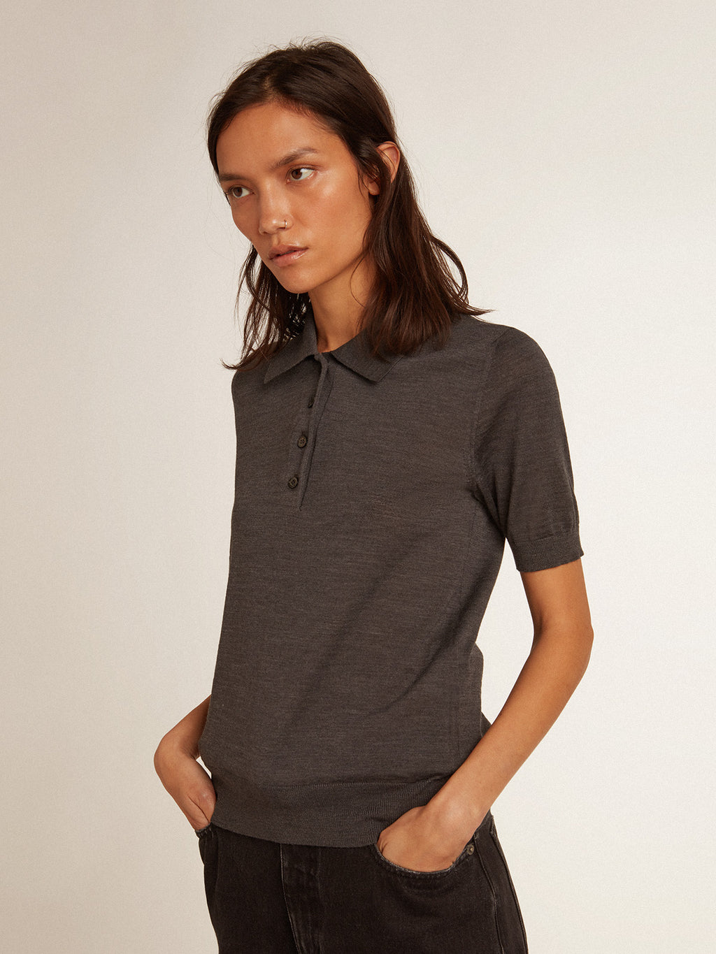 Women's polo shirt in anthracite merino wool| Golden Goose
