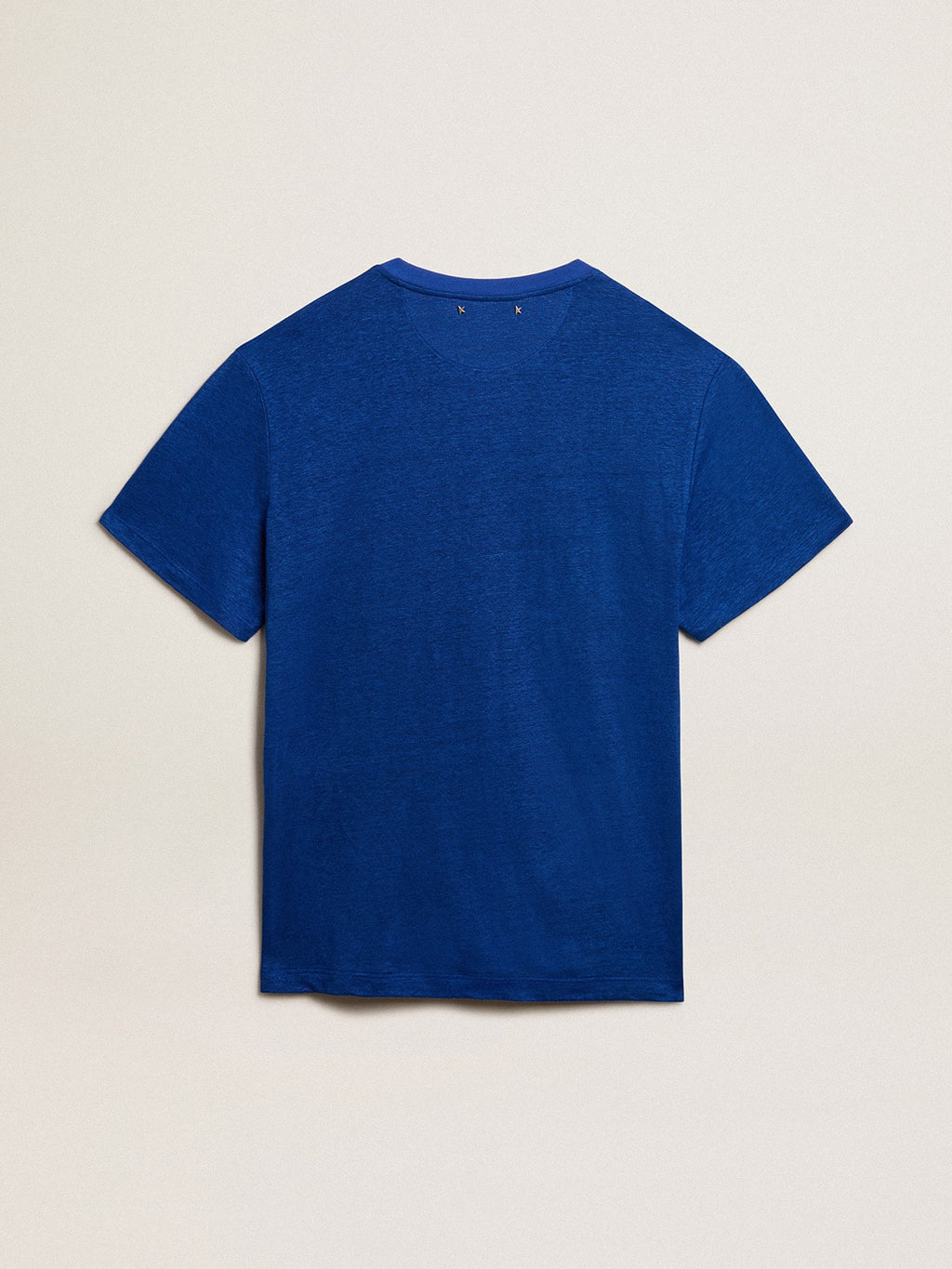 Men's blue-colored linen T-shirt with print on the chest| Golden Goose