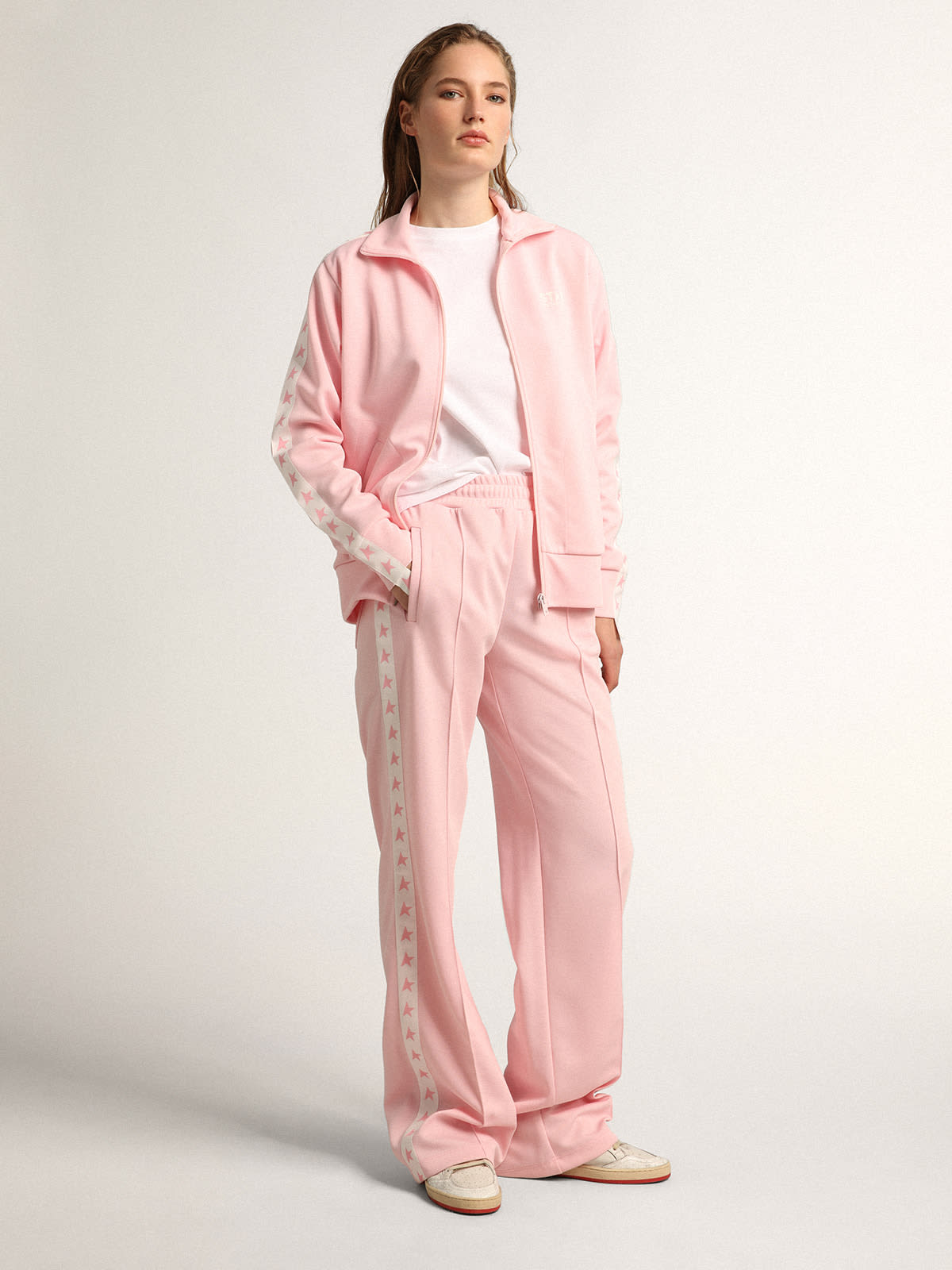 Women's white T-shirt with pink glitter logo and star| Golden Goose
