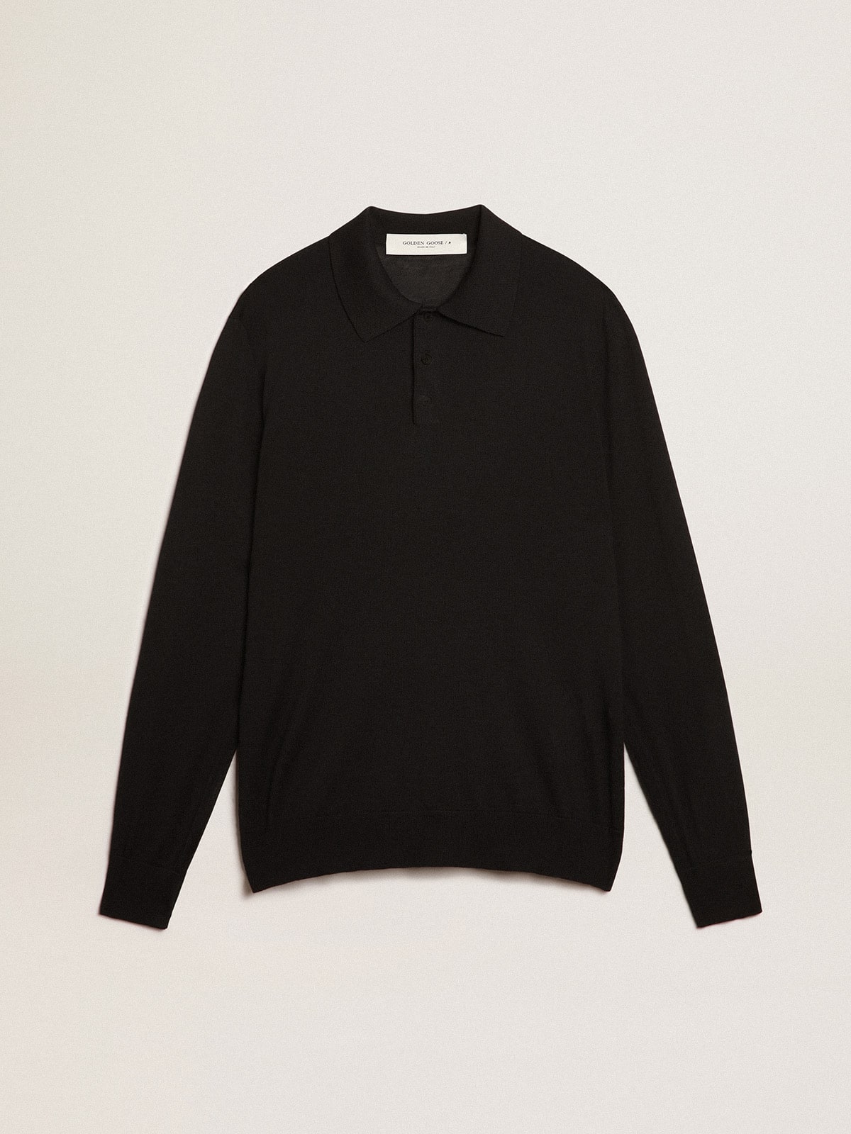 Men's long-sleeved polo shirt in black merino wool| Golden Goose