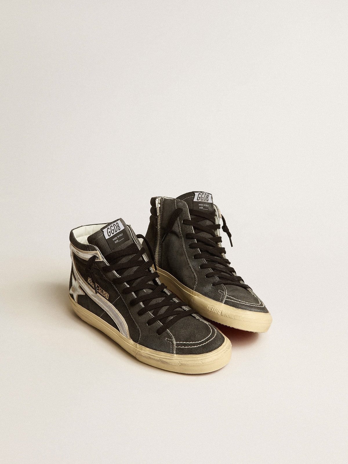 Slide in black suede with silver metallic leather star and flash| Golden Goose