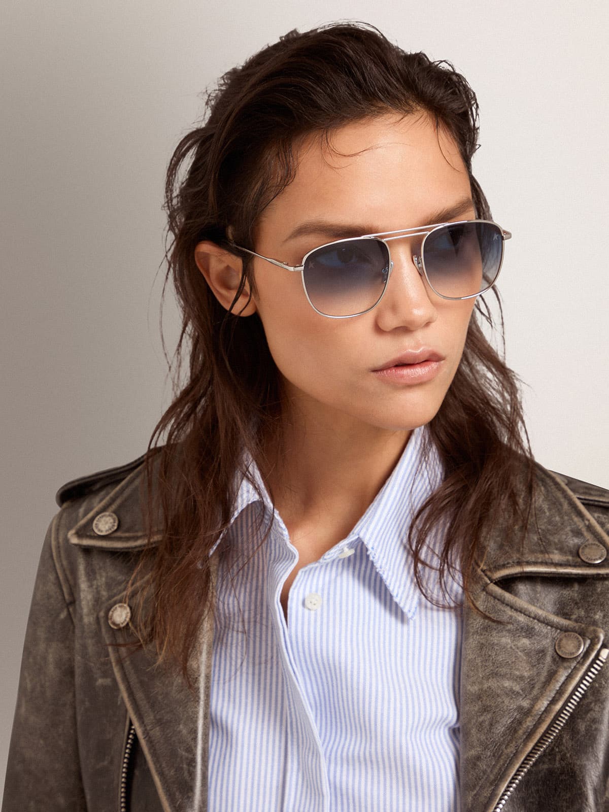 Sunframe Roger aviator model with silver frame| Golden Goose